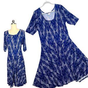LuLaRoe Nicole Dress 3XL Blue White Geometric Scoop Neck Skater Fit & Flare